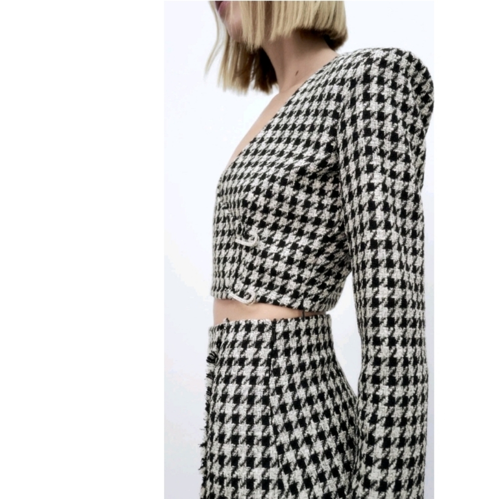 Zara Black And White Houndstooth Cropped Blazer - Picture 4 of 9